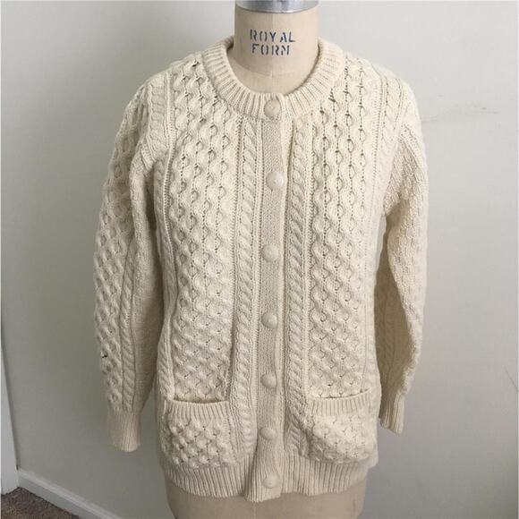 Vintage Aran Crafts Cable Knit Cream Cardigan Ireland Irish Fisherman Sweater S - Picture 1 of 8
